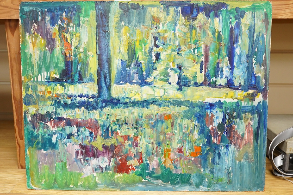 James Isherwood (1917-1989), woodland scene, unsigned, oil on board, unframed, 35 x 45cm, Provenance - A friend of the artist